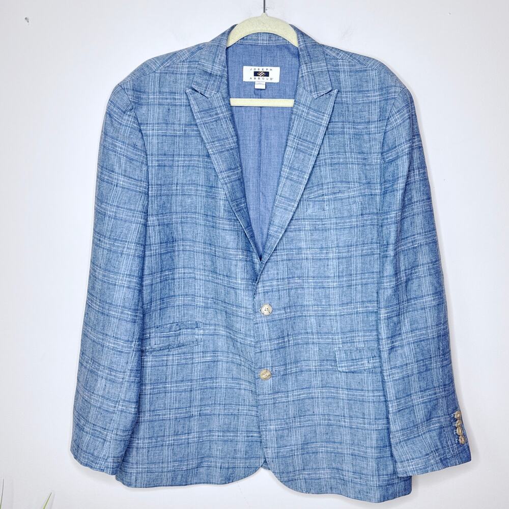 Joseph Abboud XL Blue Plaid 100% Linen 2-Button Men's Blazer Summer Wedding